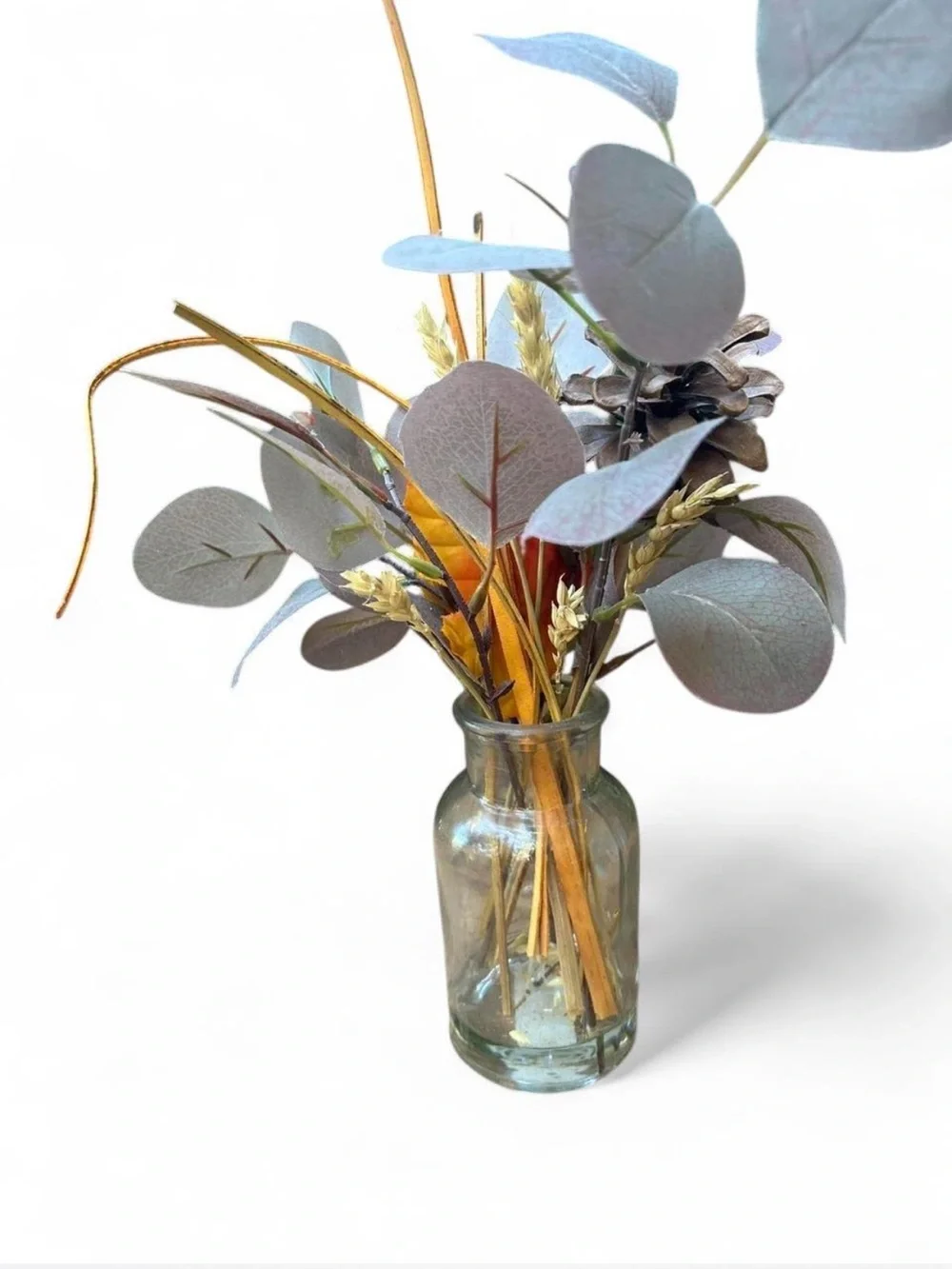 Artificial Eucalyptus & Pinecone Arrangement in Glass Vase - Purple and Gold